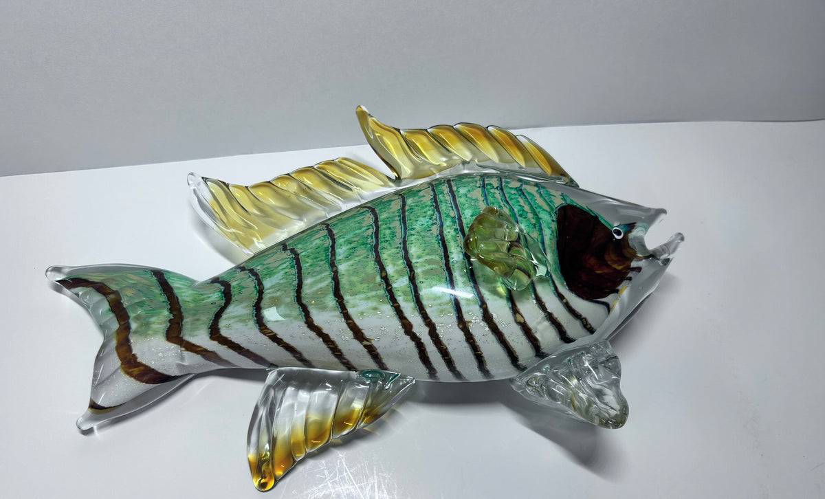Vintage Hand-Blown Art Glass Fish Sculpture - Green & Amber -Large (13" × 8")