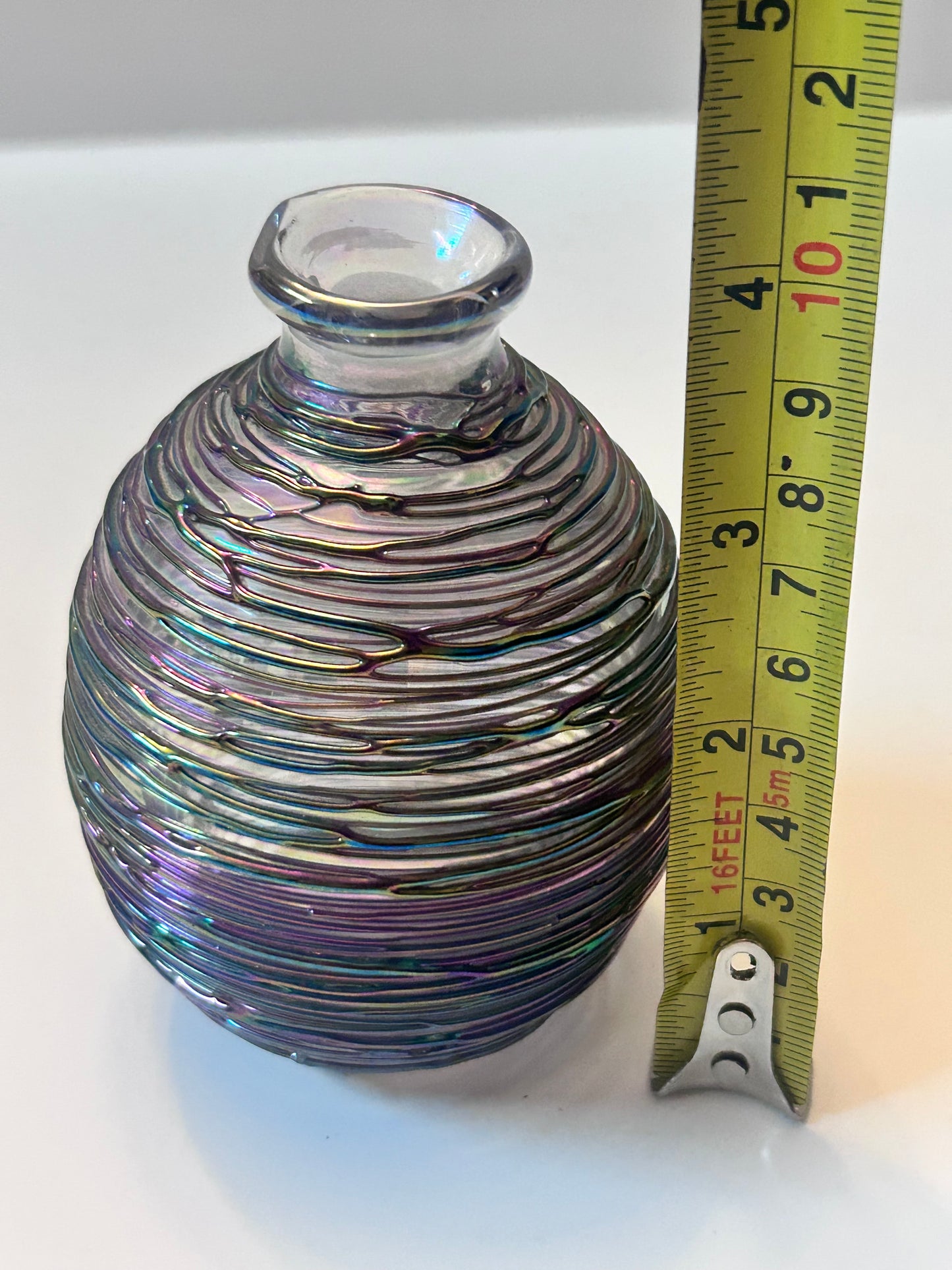 Michael Glass (5.5”) Hand-Blown Iridescent Art Glass Perfume Bottle – Purple/Green Trailing Wrap