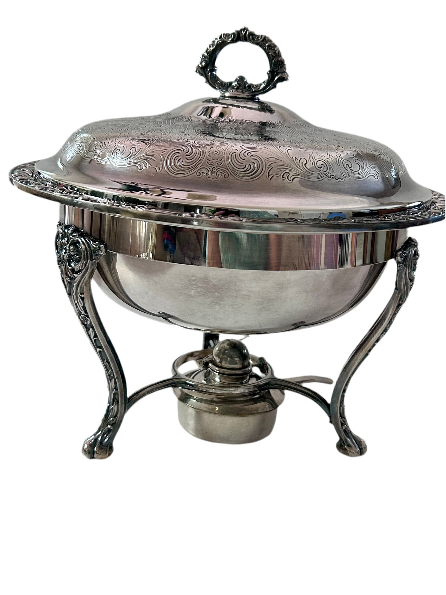 Antique Chafing Dish Victorian Roses Design Silver Plated Over Copper (5 Pieces)