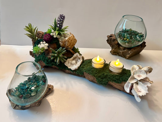 Coastal Chic Driftwood Centerpiece Candleholder Mystic & Driftwood Terrarium (3-Piece)