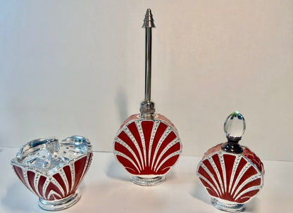 Vintage 3-Piece Red Enamel & Silver-Tone Shell Vanity Set - Perfume Sprinkler, Powder Jar & Dabber Bottle