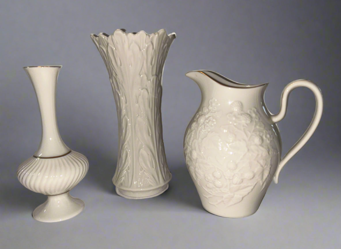 Vintage LENOX 7-Piece Ivory/White Embossed Porcelain Set | Pitcher, Vases, Cruet, Salt & Pepper