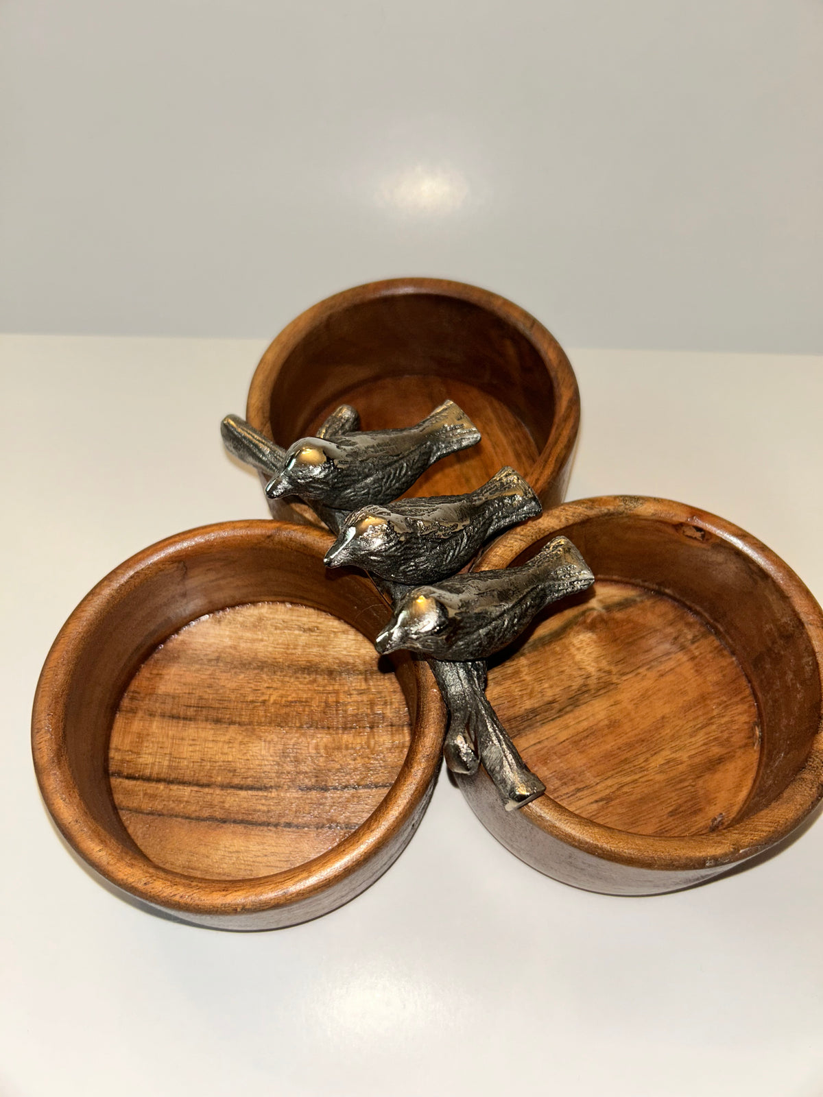 Charming Handcrafted Wooden Condiment Snack Bowls with Pewter Bird Accents