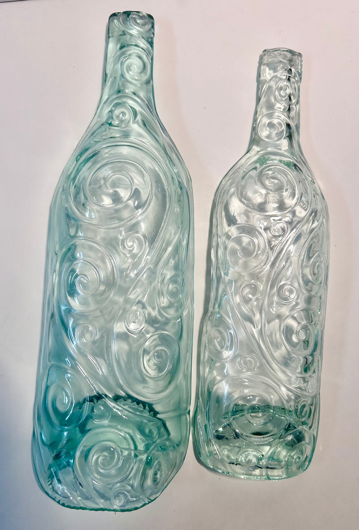 Pair of Melted / Slumped Glass Wine Bottle Serving Dishes with Embossed Swirl Pattern ( L- M Size)