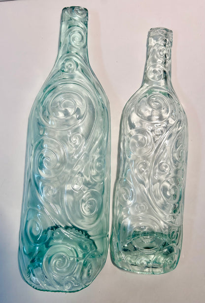 Pair of Melted / Slumped Glass Wine Bottle Serving Dishes with Embossed Swirl Pattern ( L- M Size)