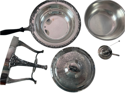 Antique Chafing Dish Victorian Roses Design Silver Plated Over Copper (5 Pieces)