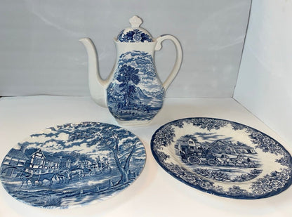 Royal Warwick Lochs of Scotland Blue Teapot and Royal Stafford & Crown Plates