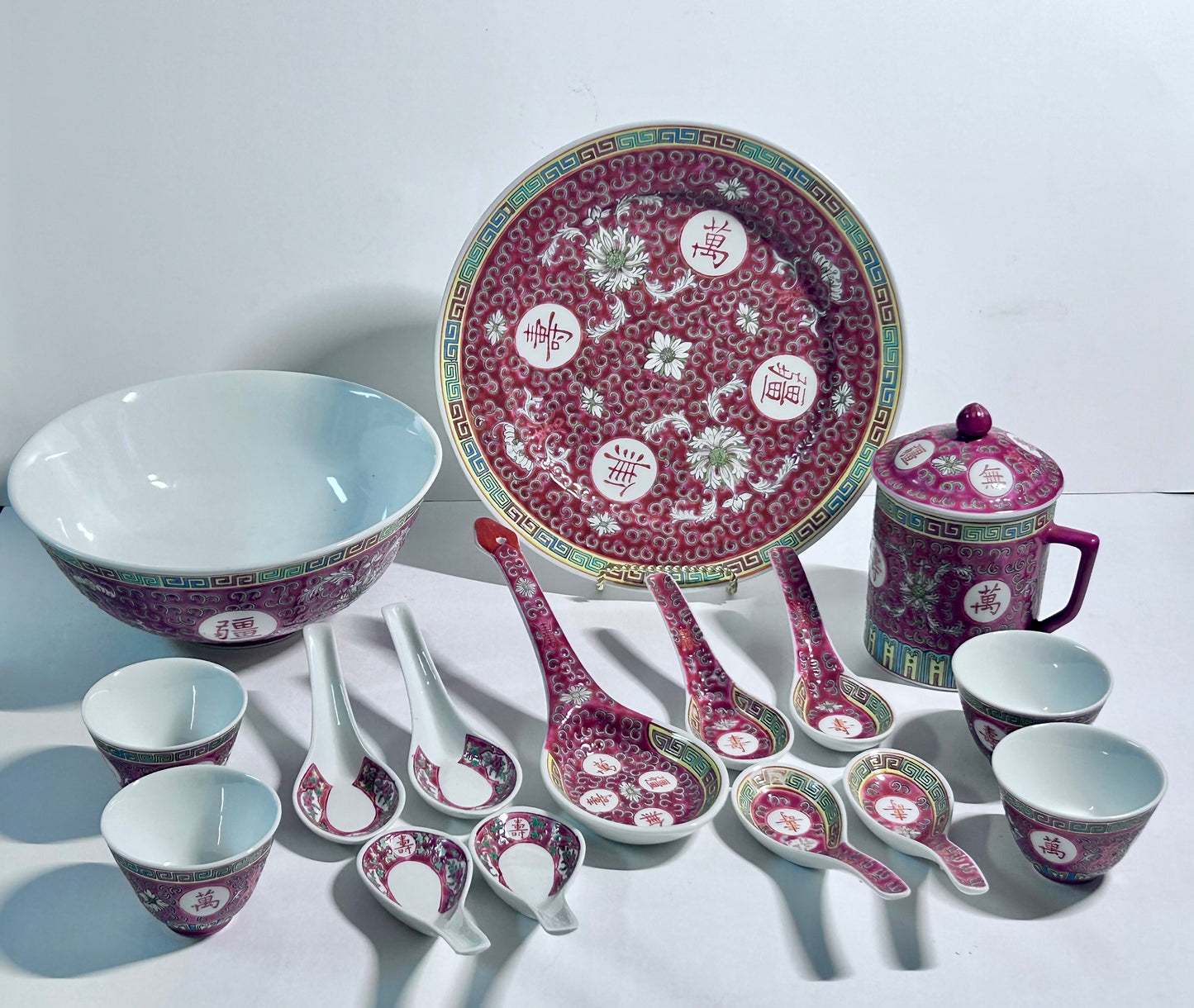 Vintage Chinese Jingdezhen Pink Mun Shou Porcelain Set - Wan Shou Wu Jiang (16 Pcs)