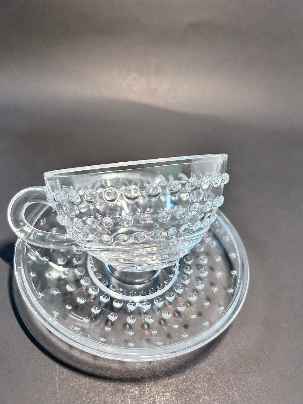 Clear Hobnail Glassware 4-Piece Set - Goblet, Tumbler with Glass Straw, Teacup & Saucer - Made in Portugal