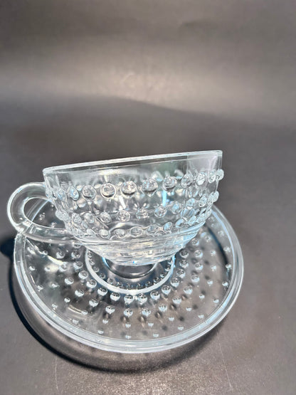 Clear Hobnail Glassware 4-Piece Set - Goblet, Tumbler with Glass Straw, Teacup & Saucer - Made in Portugal