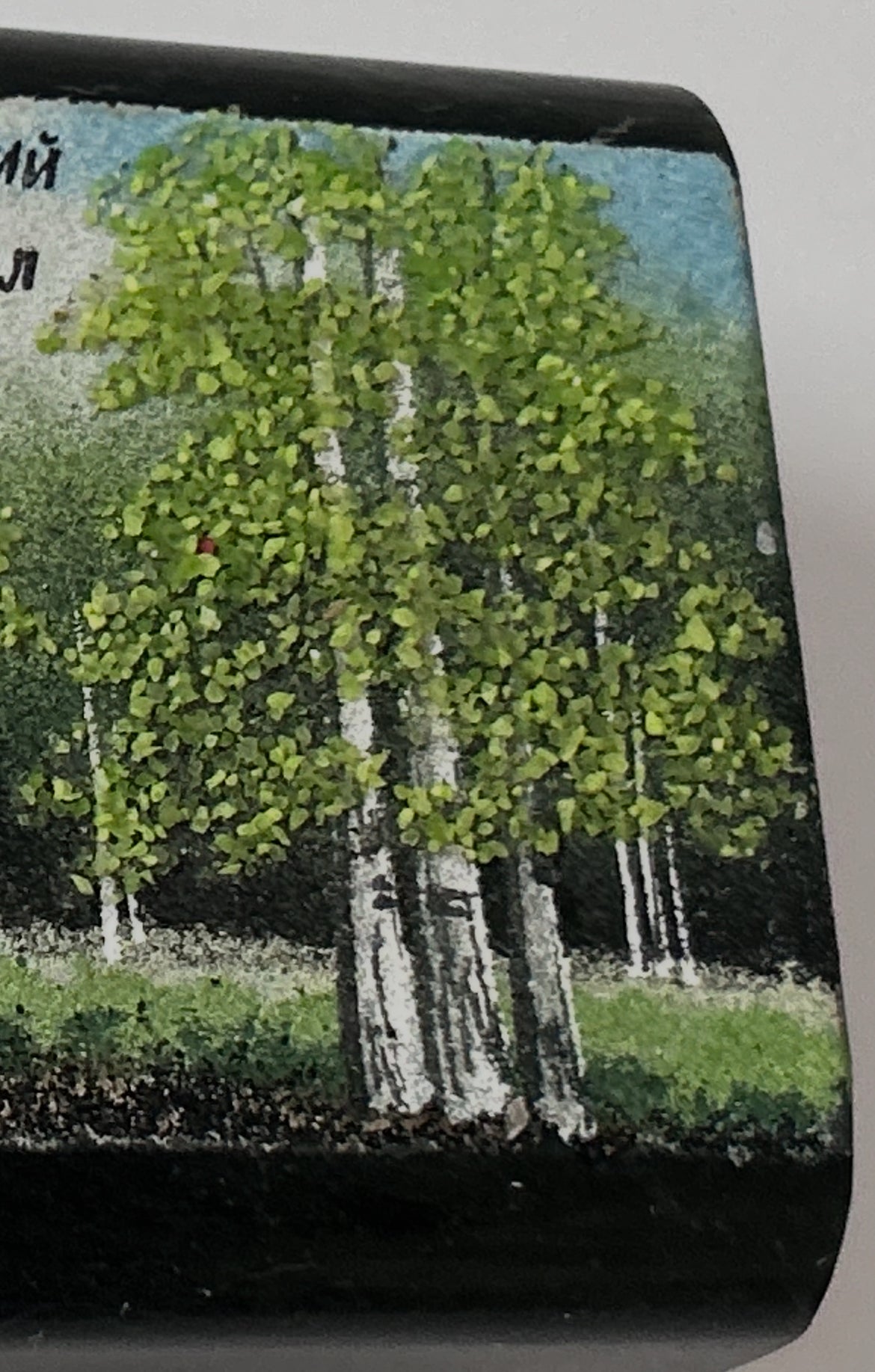 Vintage Russian Green Ural Serpentine Small Trinket Mosaic Hinged Casket - Birch Tree Scene