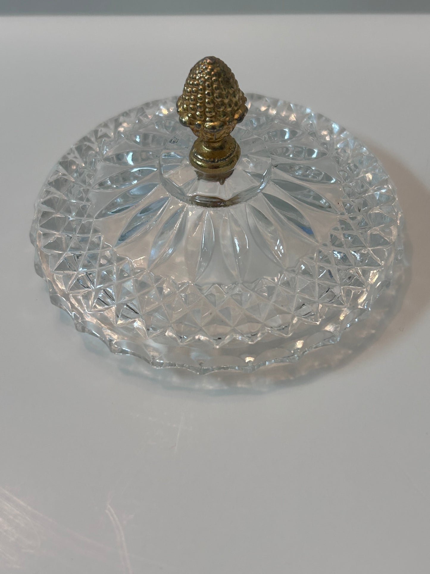 Vintage Baccarat Style Diamond Cut Crystal (4.5”) Candy Dish/ Powder Box with Gilt Bronze Rim