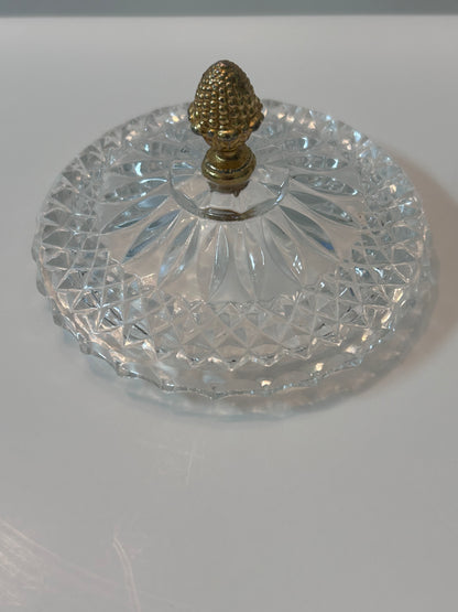 Vintage Baccarat Style Diamond Cut Crystal (4.5”) Candy Dish/ Powder Box with Gilt Bronze Rim