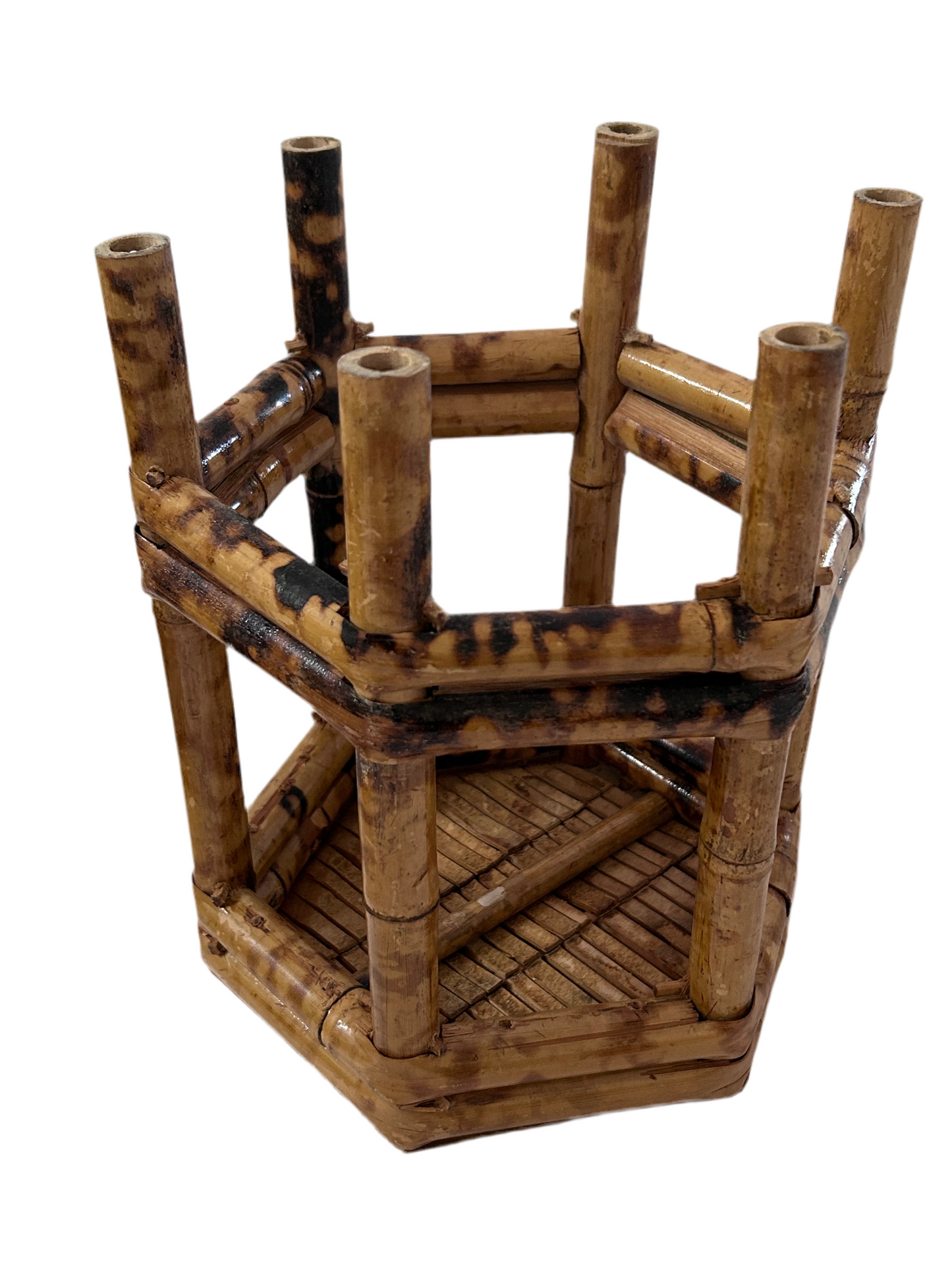 Vintage Burnt Bamboo Hexagonal Plant Stands Nesting Table Raisers (Set of 2)
