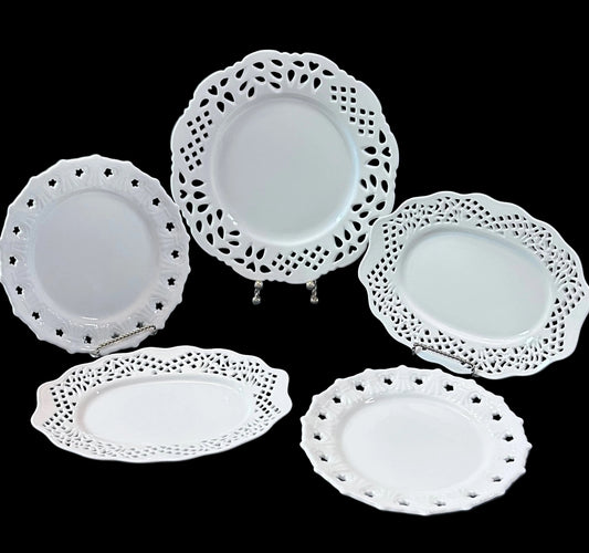 5-Piece Two's Company White Pierced Reticulated Porcelain Plate & Tray Set / Pristine With tags