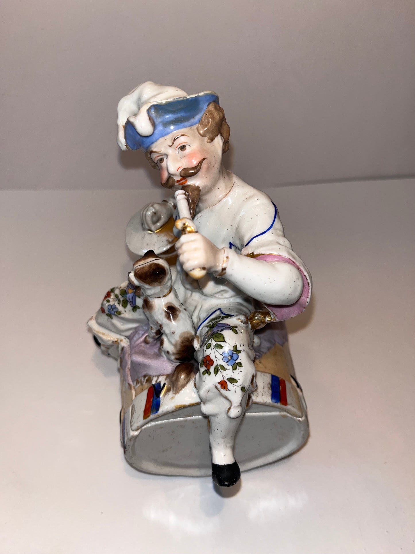 Antique German Porcelain Figurine Biscuit Barrel Jester & Dog Trinket Lidded Box