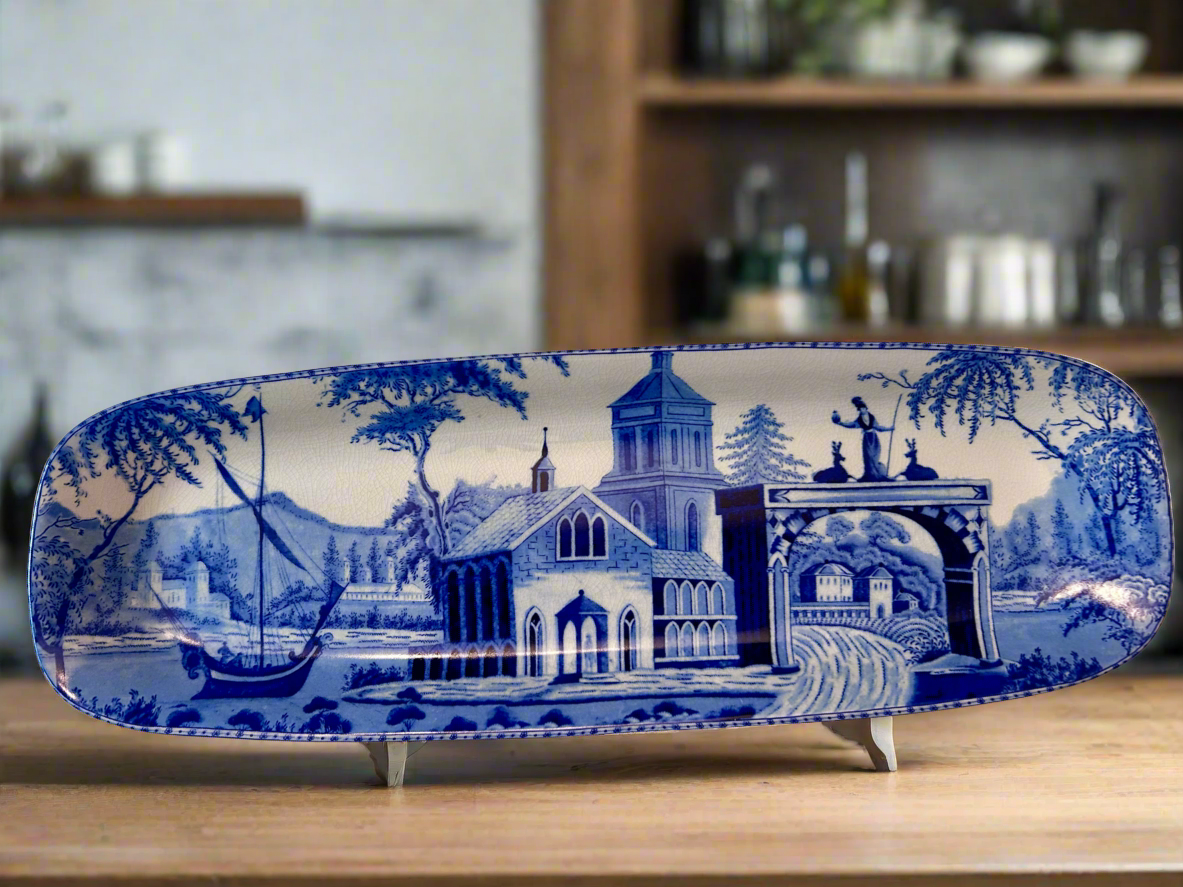 Pottery Barn Sophia Village Scene Rectangular Serving 19.5” Platter Crazed Glaze Finish