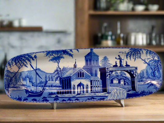 Pottery Barn Sophia Village Scene Rectangular Serving 19.5” Platter Crazed Glaze Finish