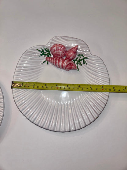 Pair Vtg Portuguese MAJOLICA Scallop Shell Plates, 3D Pink Shrimp Relief