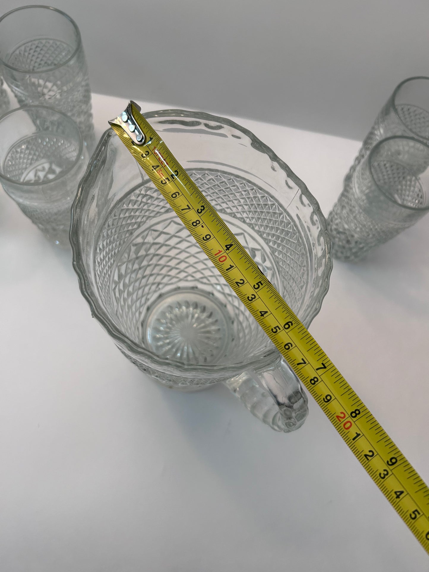Vintage Anchor Hocking Wexford Diamond Cut Clear Glass Pitcher and 6 Tumblers Set