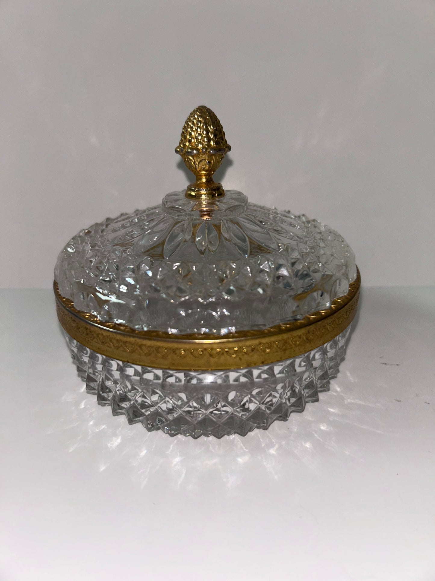 Vintage Baccarat Style Diamond Cut Crystal (4.5”) Candy Dish/ Powder Box with Gilt Bronze Rim