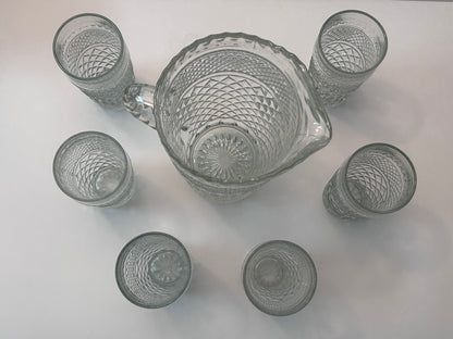 Vintage Anchor Hocking Wexford Diamond Cut Clear Glass Pitcher and 6 Tumblers Set