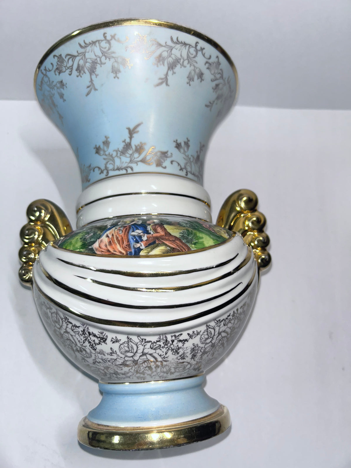 Vintage Abingdon Pottery USA Gold & Powder Blue Urn Vase - Fragonard Courting Couple
(#563)