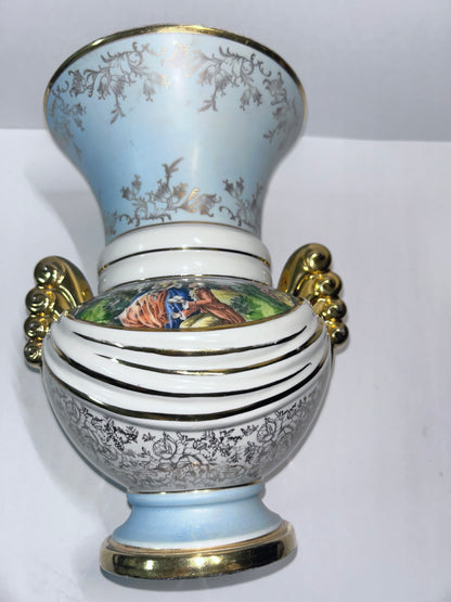 Vintage Abingdon Pottery USA Gold & Powder Blue Urn Vase - Fragonard Courting Couple
(#563)