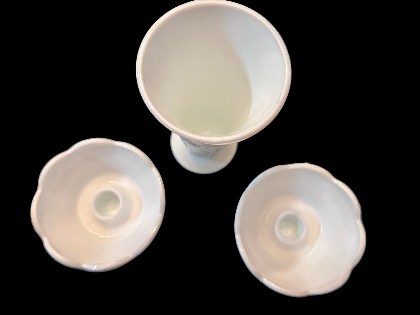 Vintage Milk Glass 3-Piece Set: Grape & Leaf Pedestal ( 8”)Vase with Matching Taper Candle
Holders