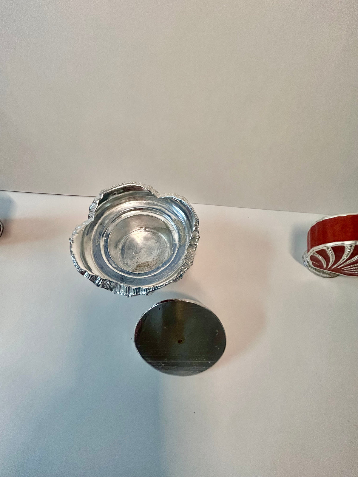 Vintage 3-Piece Red Enamel & Silver-Tone Shell Vanity Set - Perfume Sprinkler, Powder Jar & Dabber Bottle