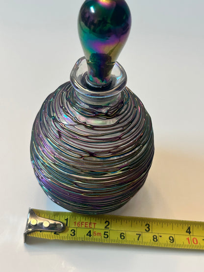 Michael Glass (5.5”) Hand-Blown Iridescent Art Glass Perfume Bottle – Purple/Green Trailing Wrap