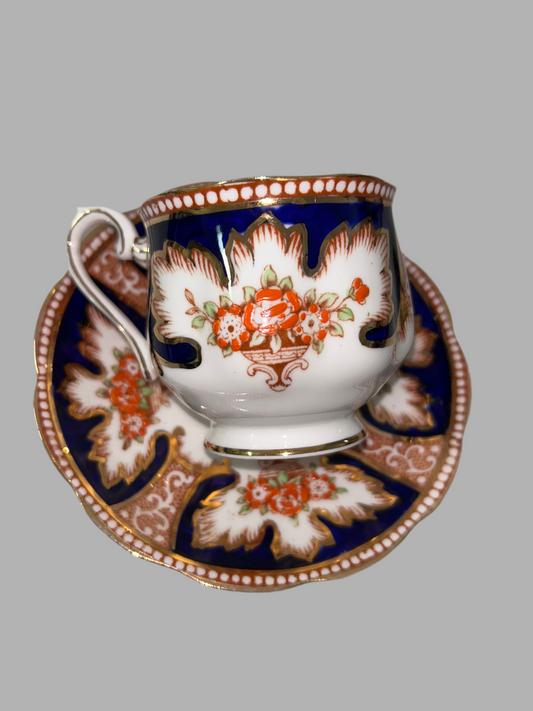Exquisite Royal Albert "Royalty" Bone China Teacup and Saucer - Cobalt Blue & Orange Floral