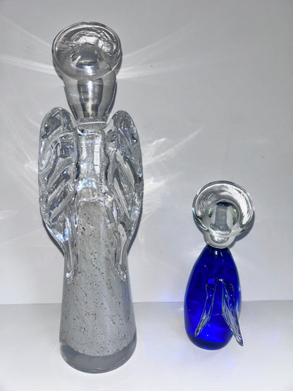 Hand-Blown Art Glass Angel
Figurines - Clear Speckled & Cobalt Blue Set