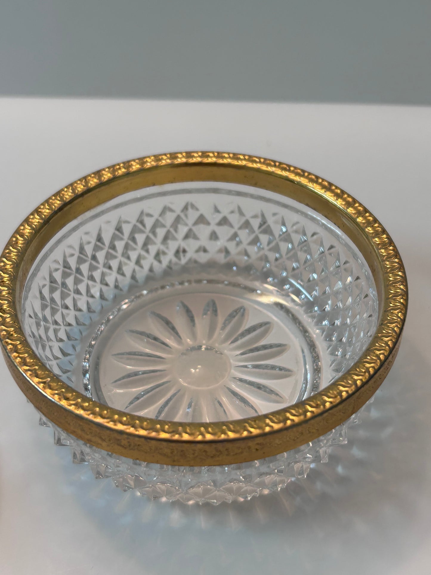 Vintage Baccarat Style Diamond Cut Crystal (4.5”) Candy Dish/ Powder Box with Gilt Bronze Rim