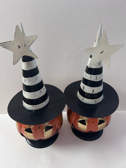 Pair of Metal Jack O Lantern Figurines With Black & White Hat & Led Lights