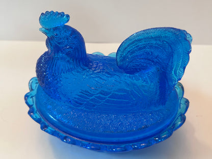 Vintage Hand Blown Glass Art Rooster on Nest Dish and Figurine Set