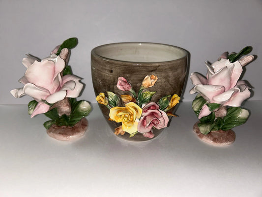 Capodimonte Signed Rosebud Trio Candle Holders/Vintage Vase 