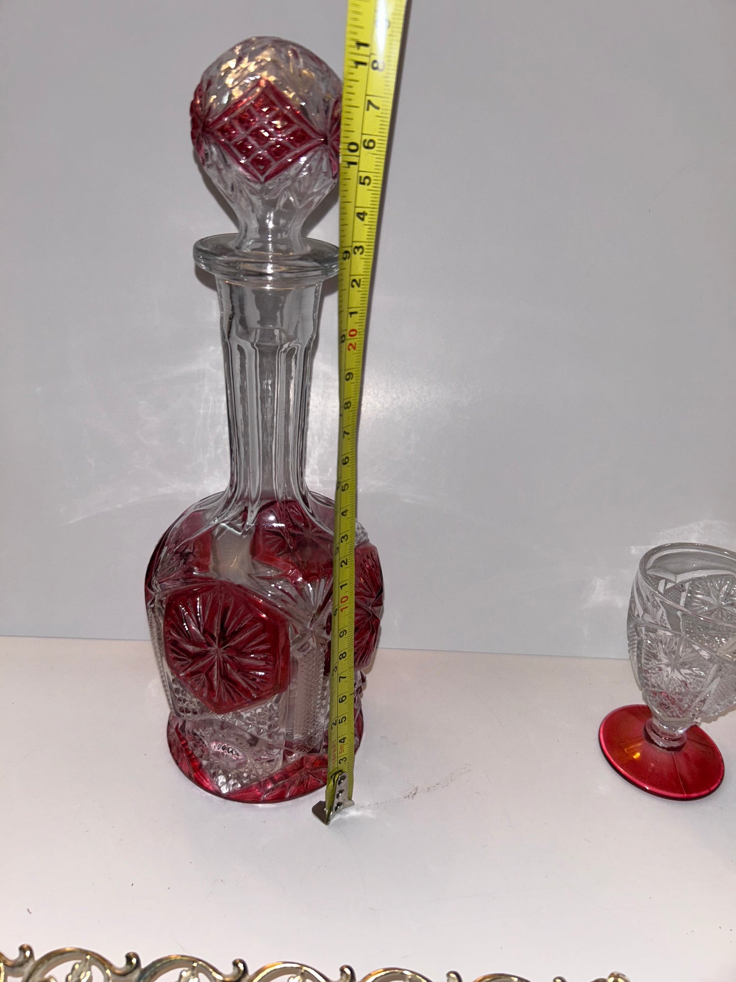 9-Pc Hollywood Regency Ruby Cut-to-Clear Decanter & Ormolu Mirrored Tray Set