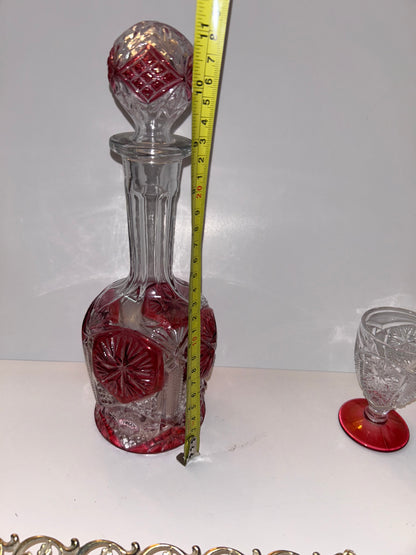 9-Pc Hollywood Regency Ruby Cut-to-Clear Decanter & Ormolu Mirrored Tray Set