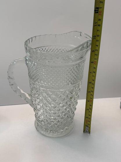 Vintage Anchor Hocking Wexford Diamond Cut Clear Glass Pitcher and 6 Tumblers Set