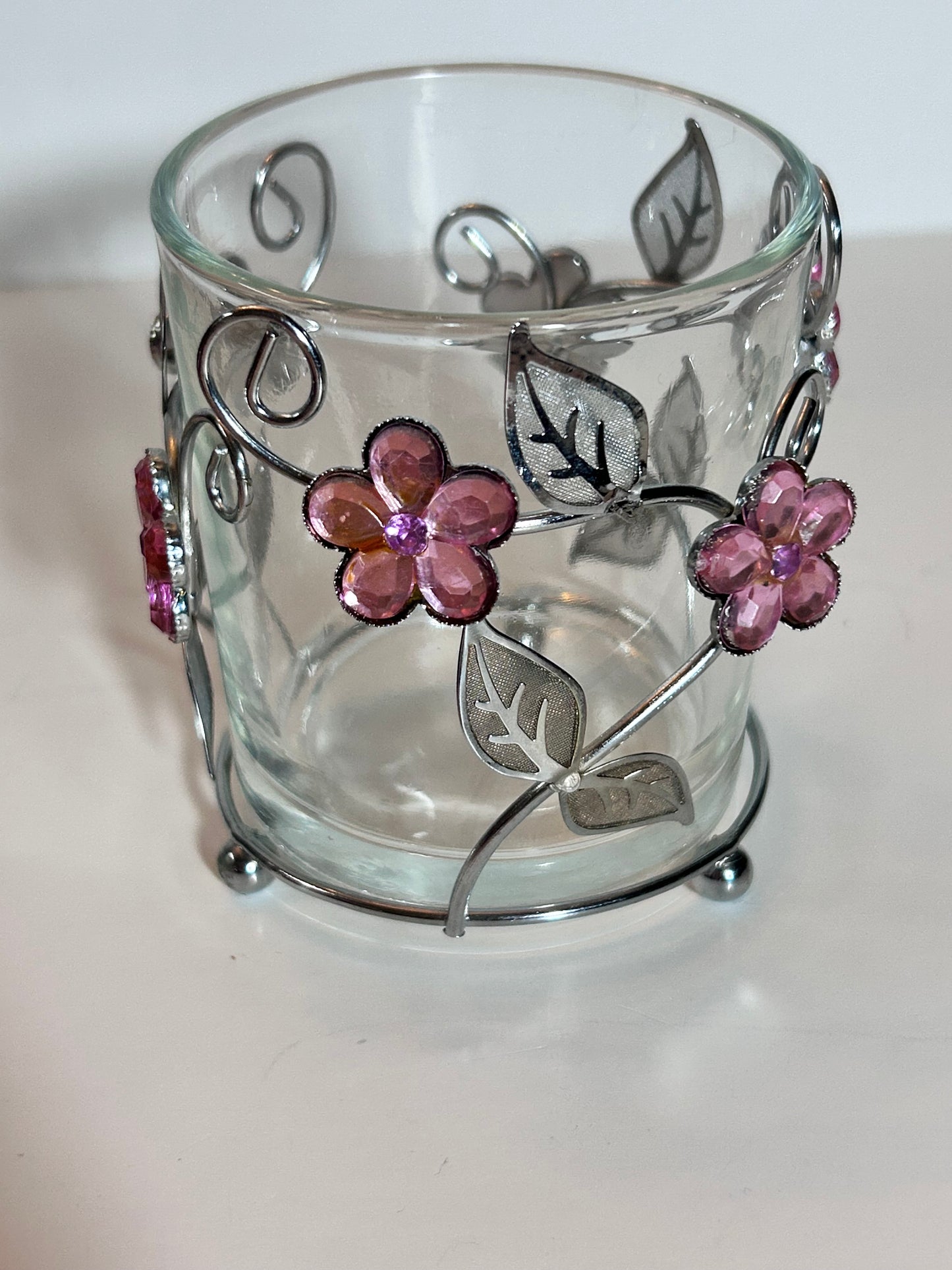 Vintage Signed Pink Swirl Glass HeartPaperweight & Floral Gem Votive