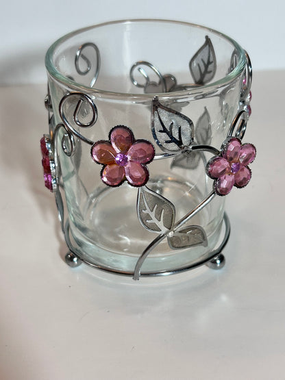 Vintage Signed Pink Swirl Glass HeartPaperweight & Floral Gem Votive