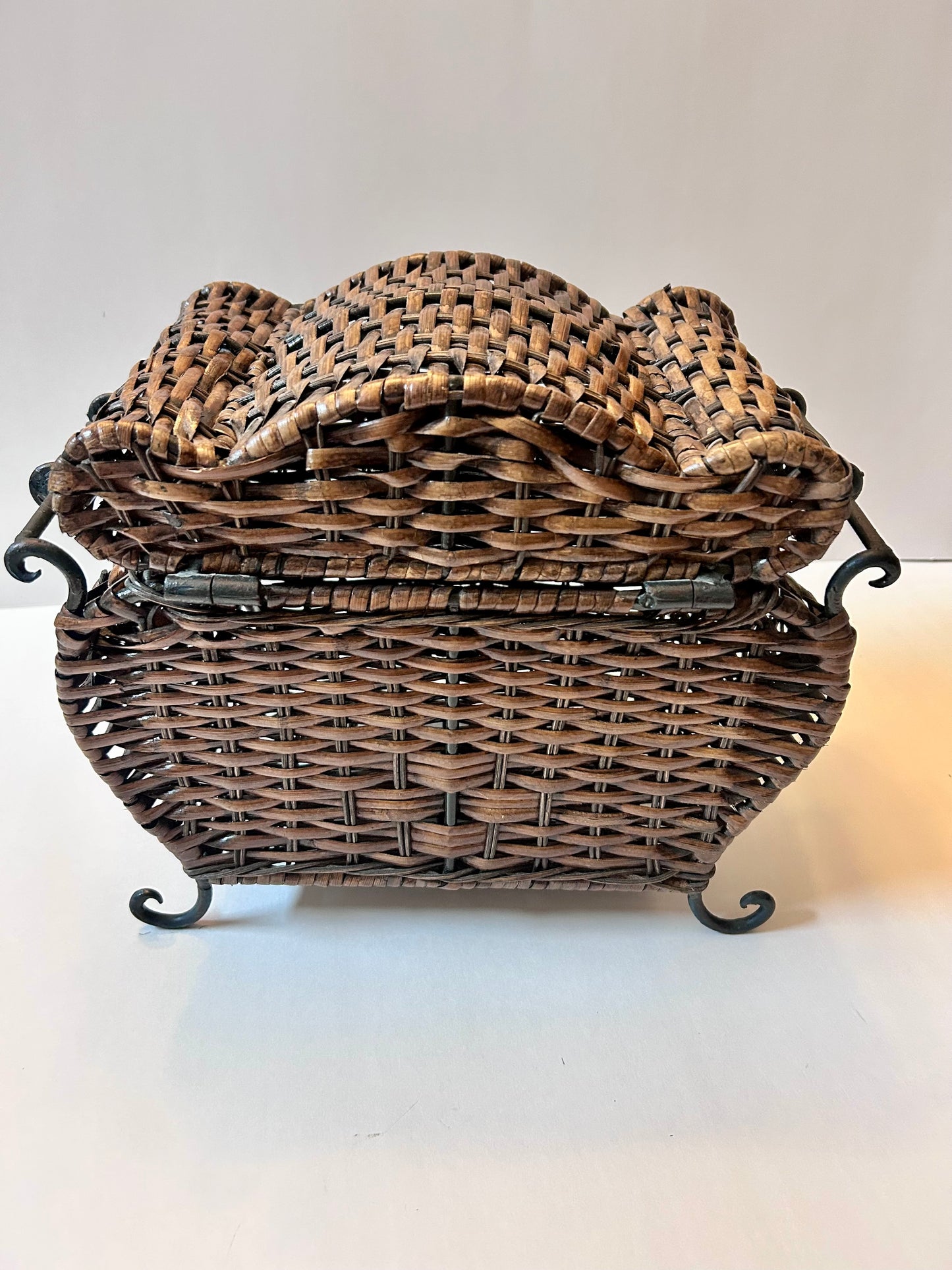 Vintage Woven Wicker Chest with Wrought Iron Scroll Feet & Twisted Metal Handles