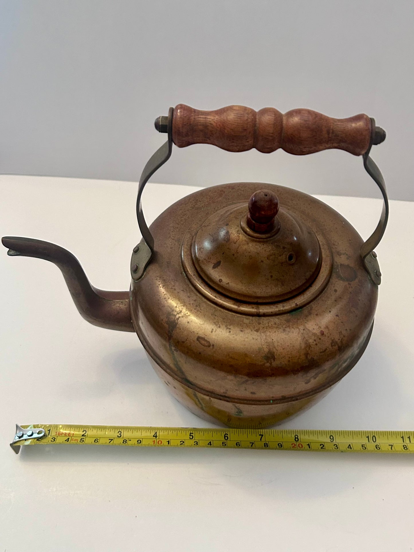 Antique English Copper Tea Kettle - c. 1920s - Gooseneck Wood Handle & Patina - Large
