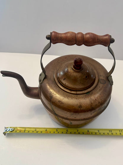 Antique English Copper Tea Kettle - c. 1920s - Gooseneck Wood Handle & Patina - Large