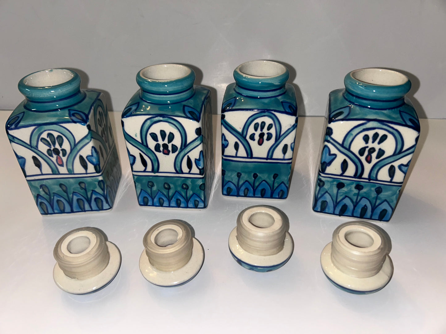 Artisan Hand-Painted Blue & White Indian Ceramic Spice Jar Set (4 Jars) w/ Metal Caddy
