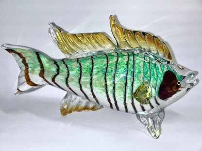 Vintage Hand-Blown Art Glass Fish Sculpture - Green & Amber -Large (13" × 8")