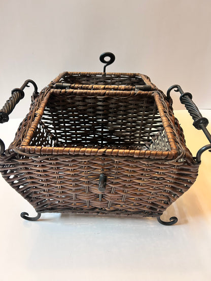 Vintage Woven Wicker Chest with Wrought Iron Scroll Feet & Twisted Metal Handles