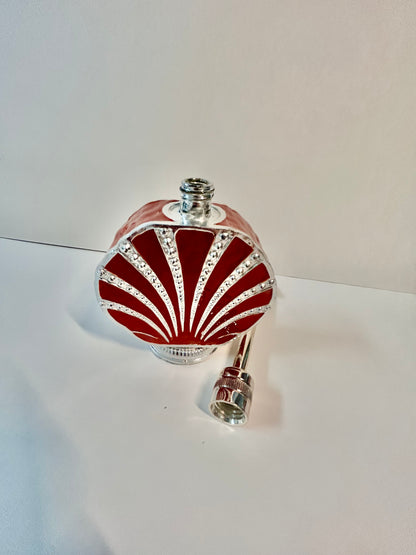 Vintage 3-Piece Red Enamel & Silver-Tone Shell Vanity Set - Perfume Sprinkler, Powder Jar & Dabber Bottle