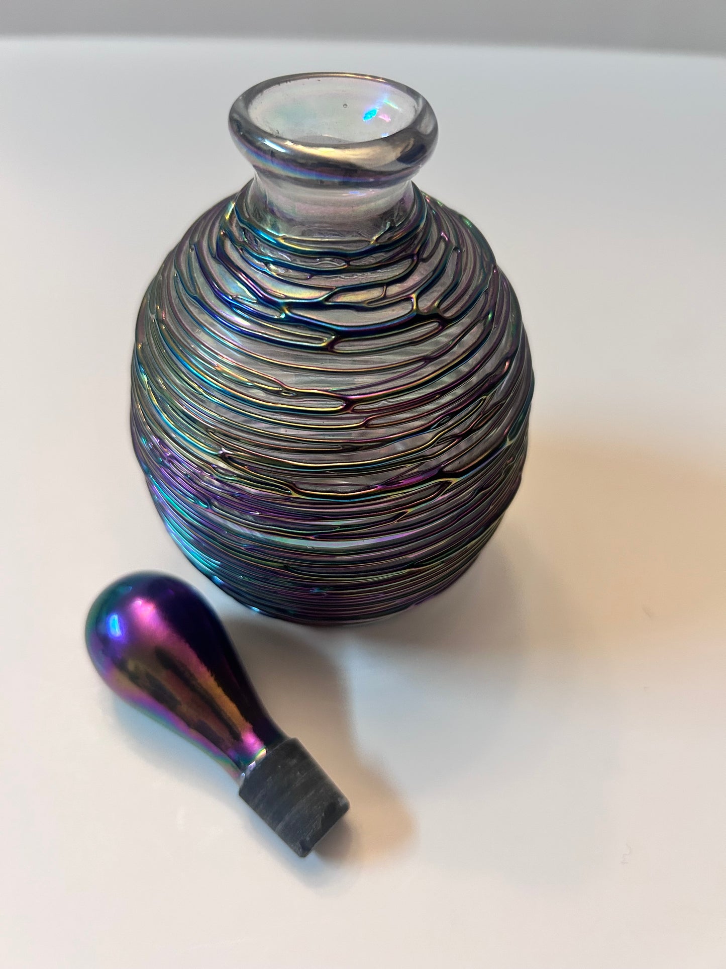 Michael Glass (5.5”) Hand-Blown Iridescent Art Glass Perfume Bottle – Purple/Green Trailing Wrap